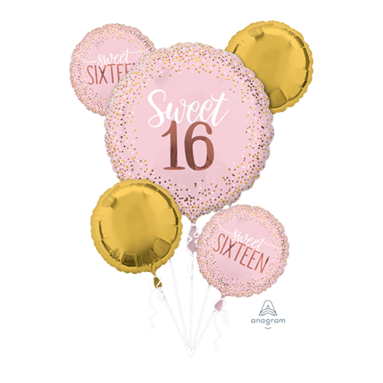 Bouquet of Balloons Sweet 16 Pink Gold confetti