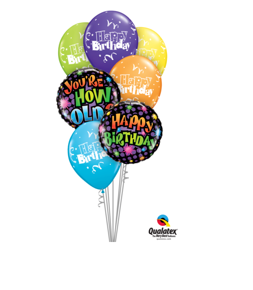 Bouquet of colourful Happy Birthday Balloons and one You're How Old? - Gifts2remember